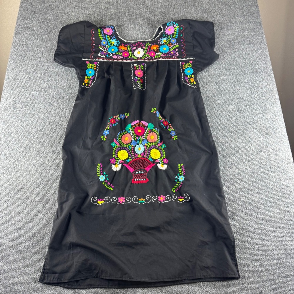 Mexican Floral Embroidered Puebla Dress Black Boho Peasant Midi Large